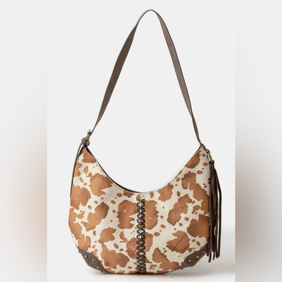Fame Cow Print Hobo Shoulder Bag with Studded Details - Picture 1 of 4